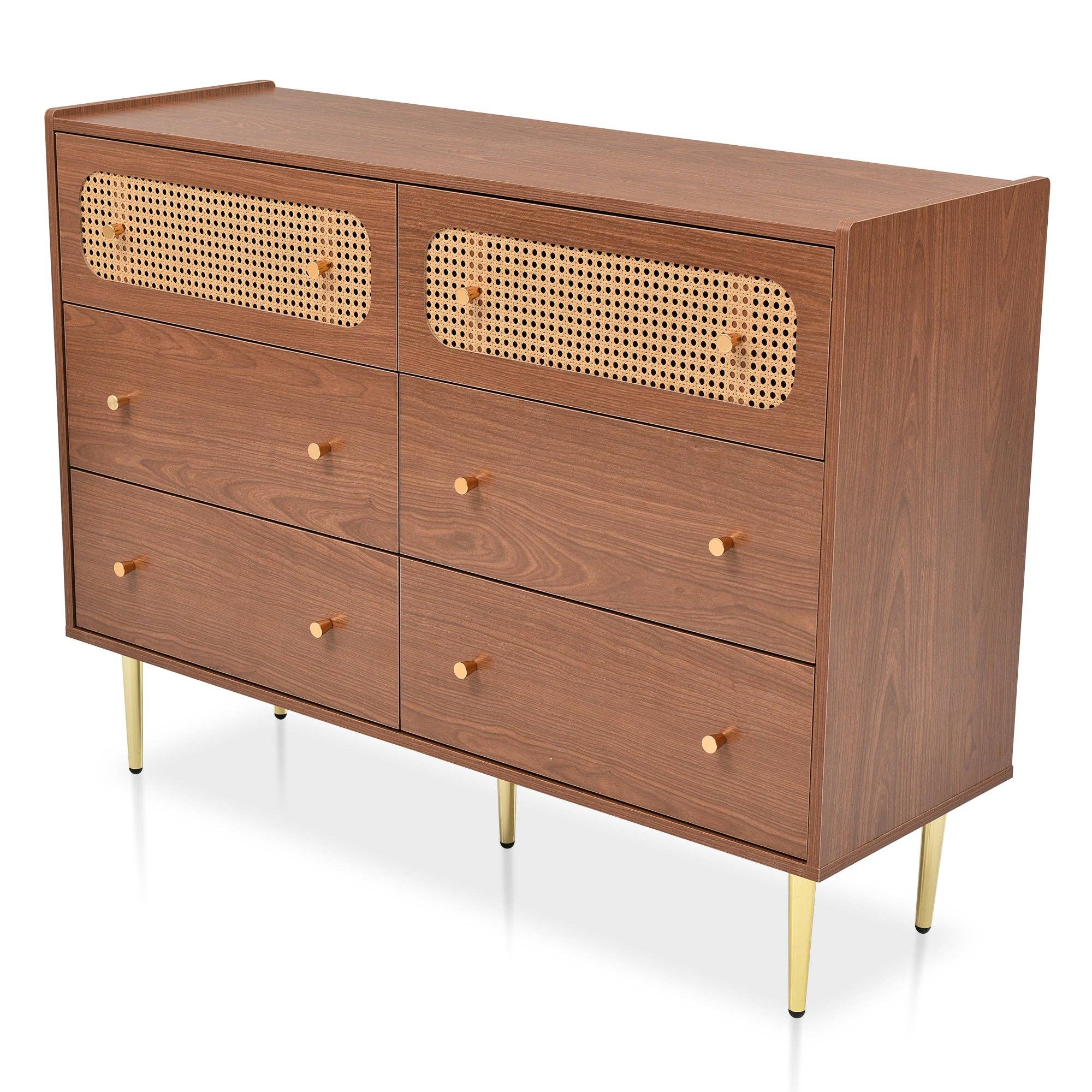Urban Meuble - Wholesale Cabinet - Vintage sideboard with 6 rattan drawers, golden handles and legs, 120*90*40cm DELMO17
