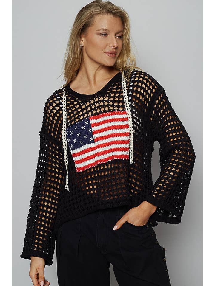 Pol Clothing - Wholesale Knit Top - Women's - Long sleeve American flag hoodie thin sweater top SALE
