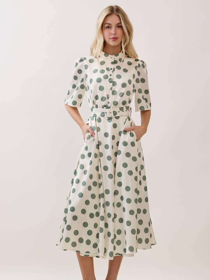 Polka Dot Button Down Maxi Dress HD3354-IVORY / GREEN for wholesale by B I G H I T Fashion