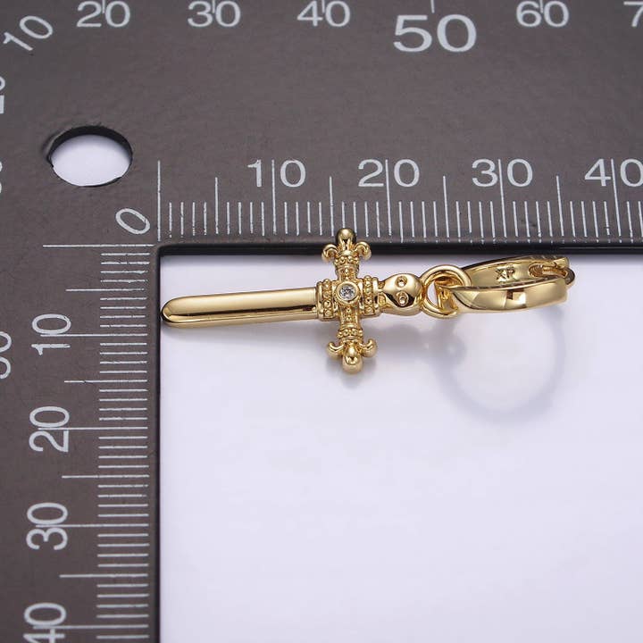 Aim Eternal - Wholesale Dangle Earrings - 14K Gold Filled Artisan Fleury Cross Sword CZ Drop Huggie Earrings | AE9342