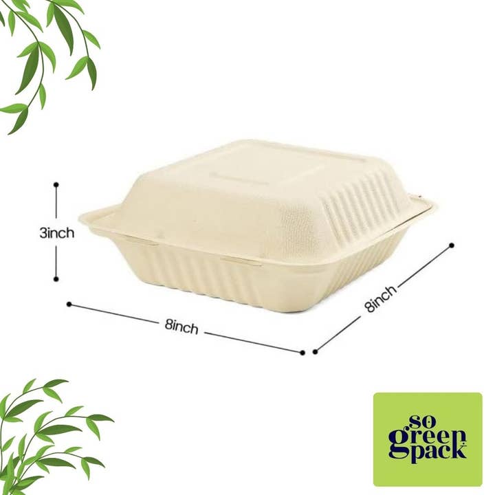 Sogreenpack - Wholesale Disposable Plate - 8" X 8" Compostable Bagasse Clamshell Eco-Friendly 50 Packs