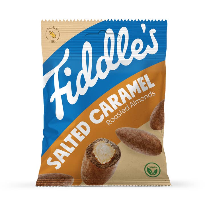 Mandorle tostate - Caramello salato 16 G per la vendita all'ingrosso da parte di Fiddle's Snacks