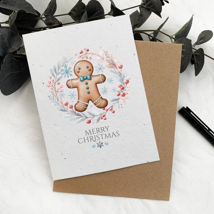 Gingerbread themed plantable wildflower Christmas card for wholesale by Wild Bloom Press
