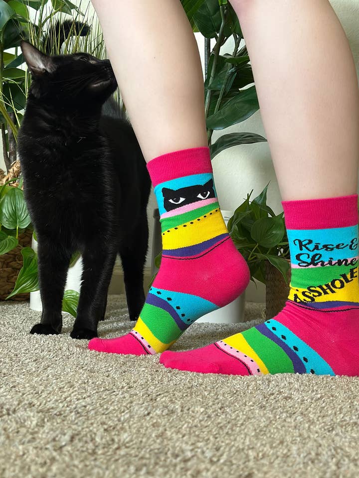 Fabdaz - Wholesale Socks - Women's - Rise and Shine Asshole Women's Crew Socks With Cats3
