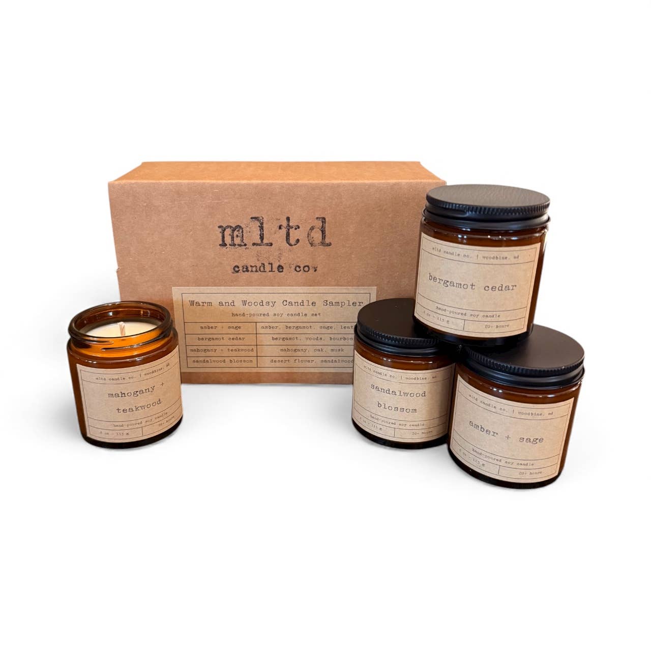 MLTD Candle Co. - Wholesale Jar/Filled Candle - Warm and Woodsy Candle Sampler Pack: Soy Candle Gift Set3