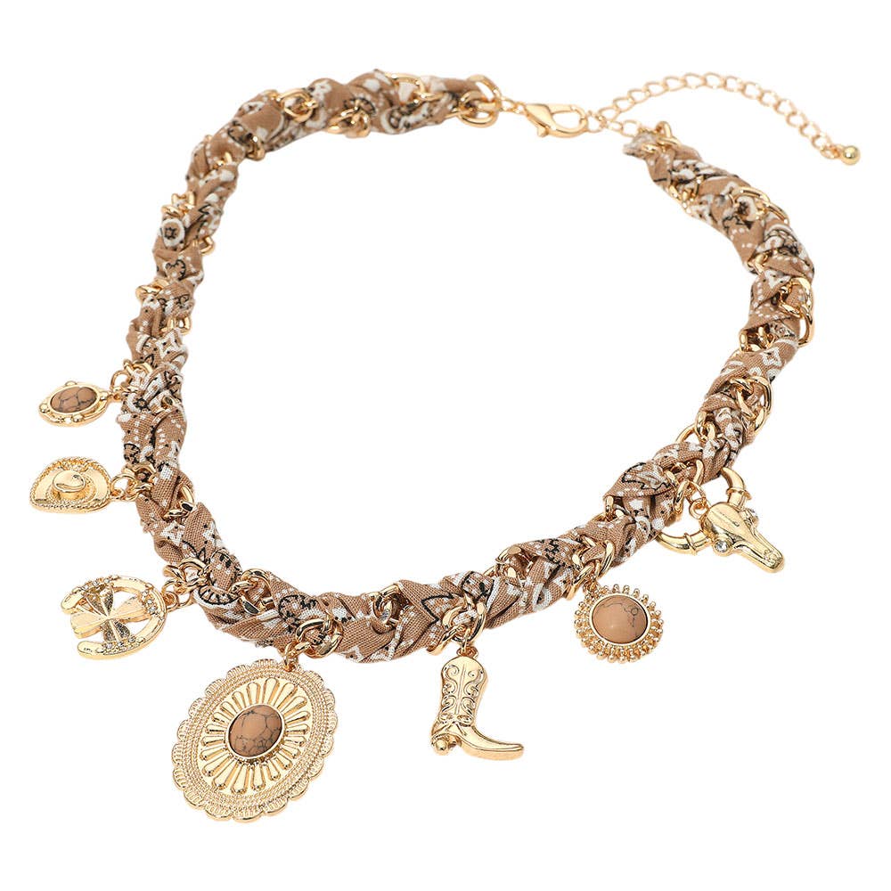 Sensibling Corp. - Wholesale Pendant/Charm Necklace - Western Themed Charm Fabric Braided Necklace10