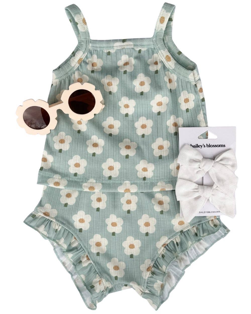 Bailey's Blossoms - Wholesale Top & Short Set - Kids - Luna Top & Bloomer Set - Green Daisy