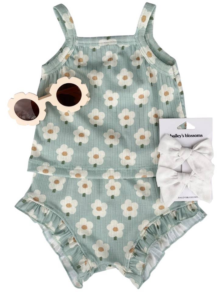 Bailey's Blossoms - Wholesale Top & Short Set - Kids - Luna Top & Bloomer Set - Green Daisy0