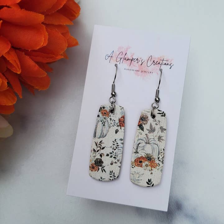 White Pumpkins Mini Bar Leather Earrings for wholesale by A Glamper's Creations LLC