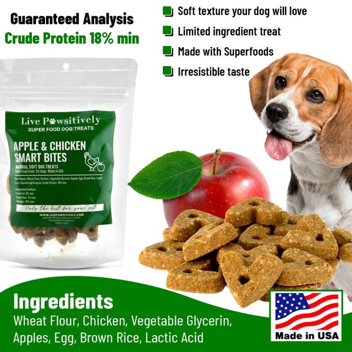 Live Pawsitive - Wholesale Pet Treats - Dog - Apple & Chicken Smart Bites, Superfood Dog Treats