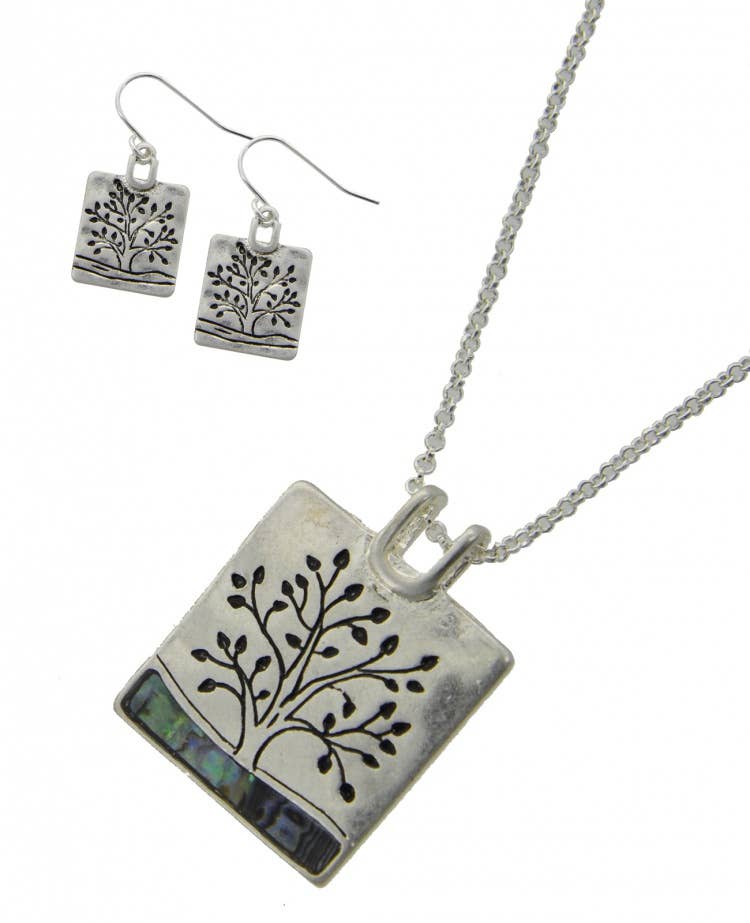 0011 PREMIERE – Großhandel Schmucksets – FR3528 Silber Abalone Baum des Lebens Rechteck Quadrat Set1