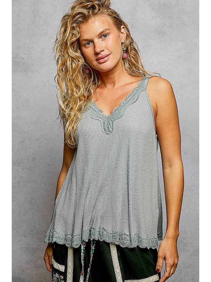 Pol Clothing - Wholesale Tank Top - Women's - V-neck Sleevleess Lace Trim Solid Tank Top SALE13