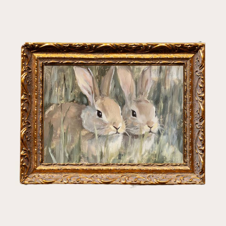 Spring Rabbits | French Brass Inspired Gold Mould Framed Art for wholesale by Luxe B Co Canada