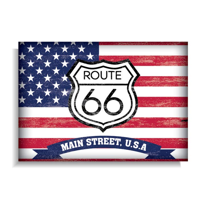 Magnet : Drapeau en détresse de la Route 66 des États-Unis pour la vente par BetterMagnets.com by Design Studio 88 Inc