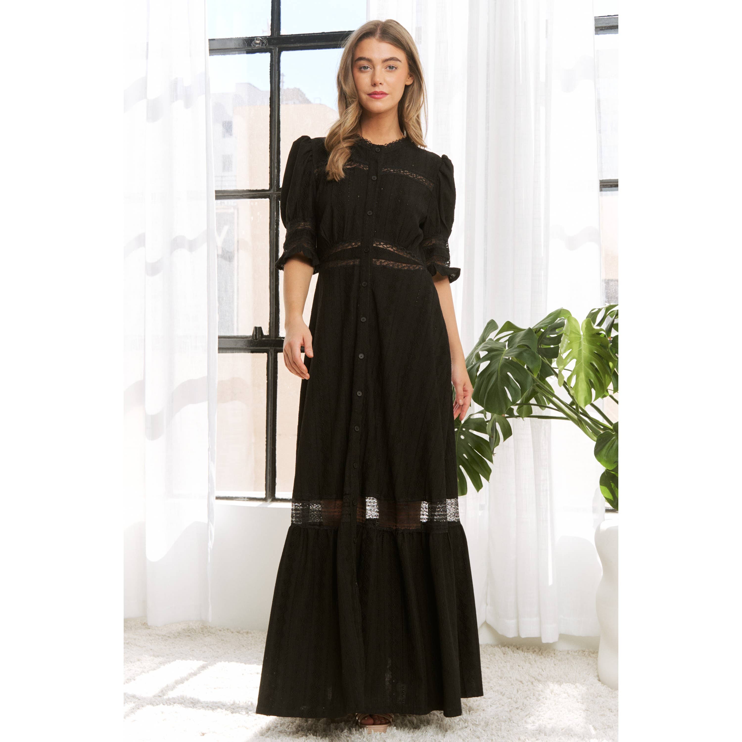 Sweet Generis - Wholesale Dress - Women's - CHIC WOVEN MAXI BUTTON DOWN SHIRT DRESS WITH TRIM LACE DETAI0