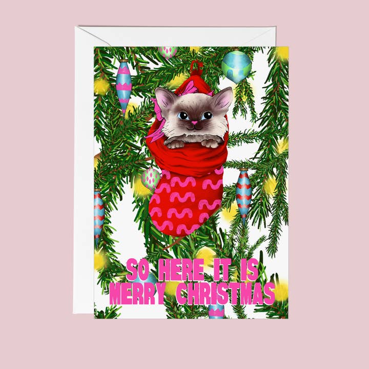 Retro Kitten & Stocking Christmas Card | Cute Xmas Card for wholesale by Fawn & Thistle Ltd (US Duties Paid)