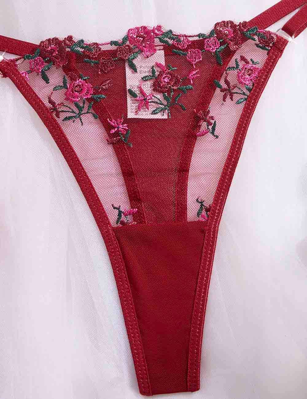 Wine Ladies Floral Embroidery See Through 2PCS Lingerie Set XX0226 for wholesale on Faire3