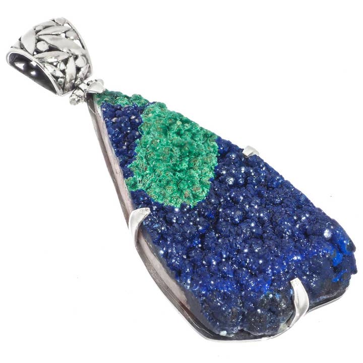 925 silver rare malachite in blue azurite druzy sterling pendant, 2 1/4" for wholesale by FifiRose