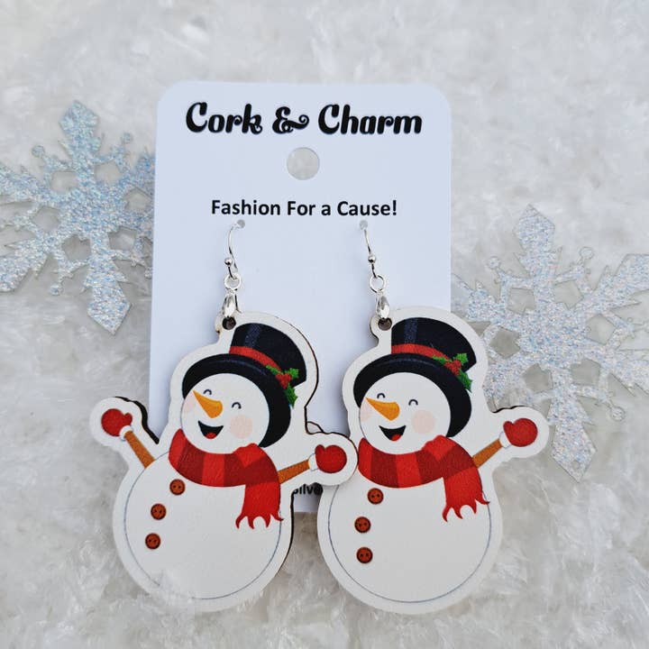 Singing Snowman Wooden Sterling Silver Earrings for wholesale by Cork and Charm