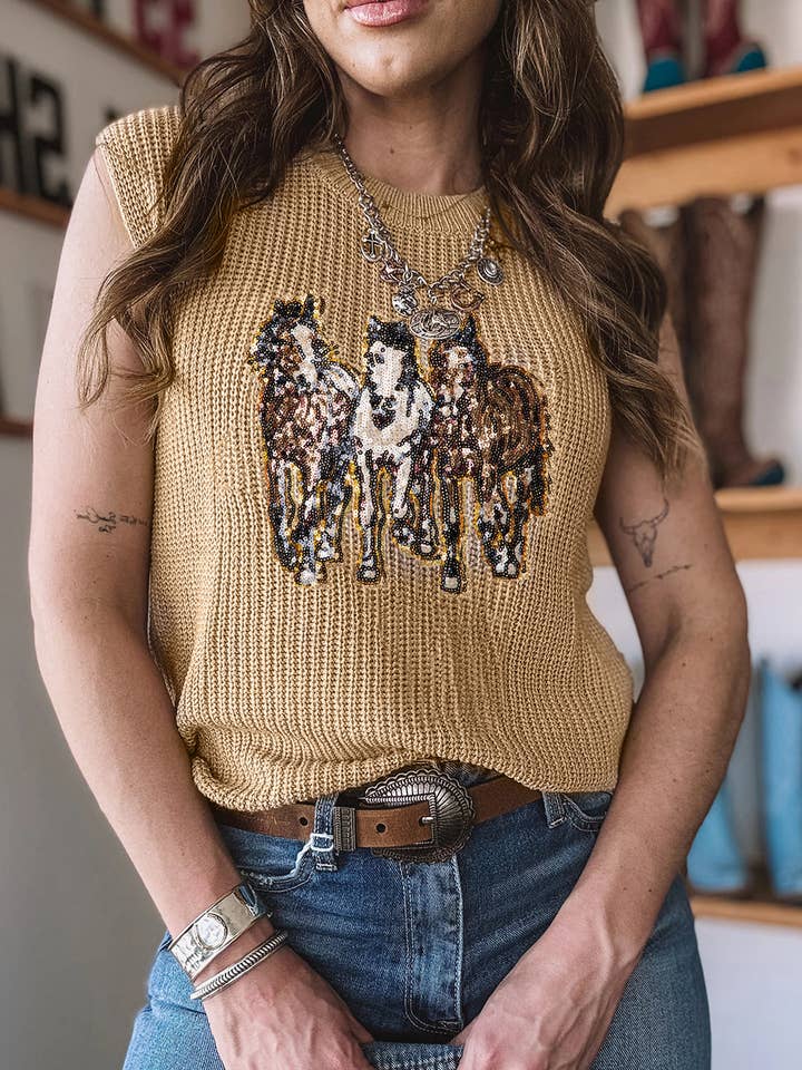 Parchment Sequin Horse Graphic Lightweight Knitted Sweater Vest for wholesale on Faire0