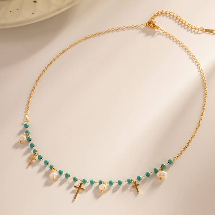 TYPE FRENCH TURQUOISE CROSS PENDANT NECKLACE_CWAJE0616 for wholesale on Faire4