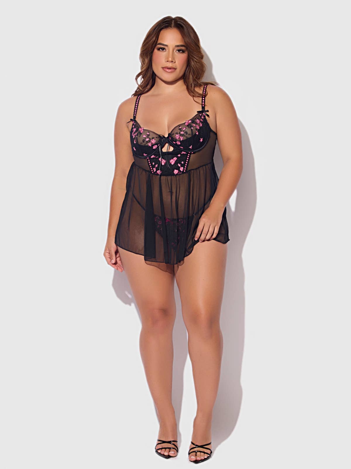BLACK PINK DRAGON HARPER EMBROIDERED MESH DROP WAIST BABYDOLL & G-STRING SET for wholesale on Faire2
