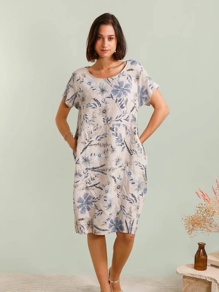 Dress 3353 flower 100% linen for wholesale by la maison des fibres naturelles