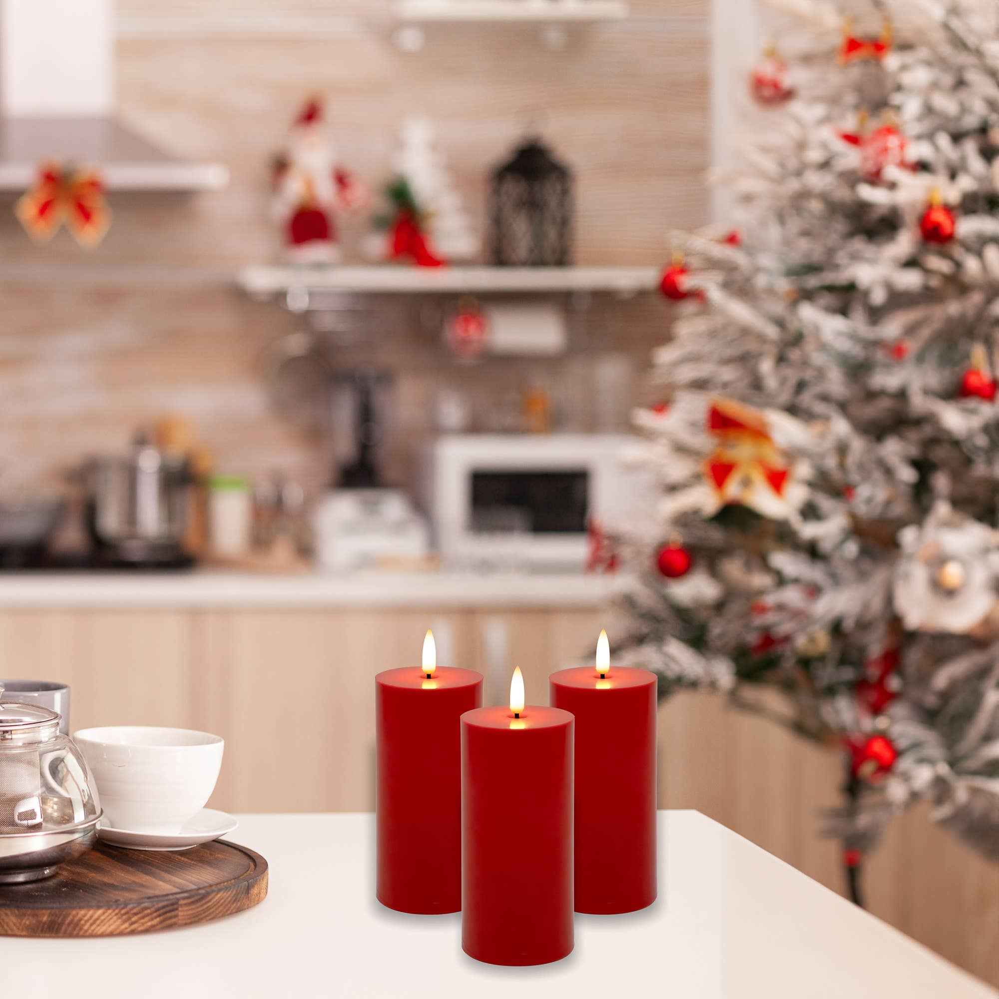 LumaBase - Wholesale Flameless Candle - Battery Operated 3D Wick Flame Pillars, Red - Set of 33