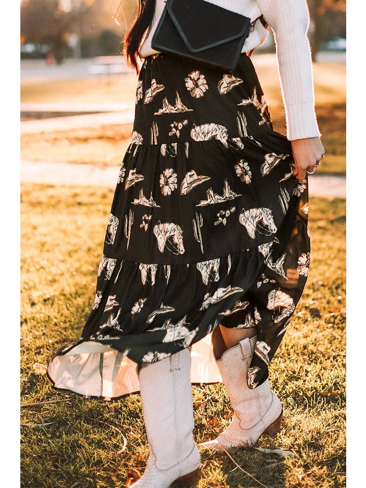 Black Western Ruffle Tiered Maxi Skirt for wholesale on Faire