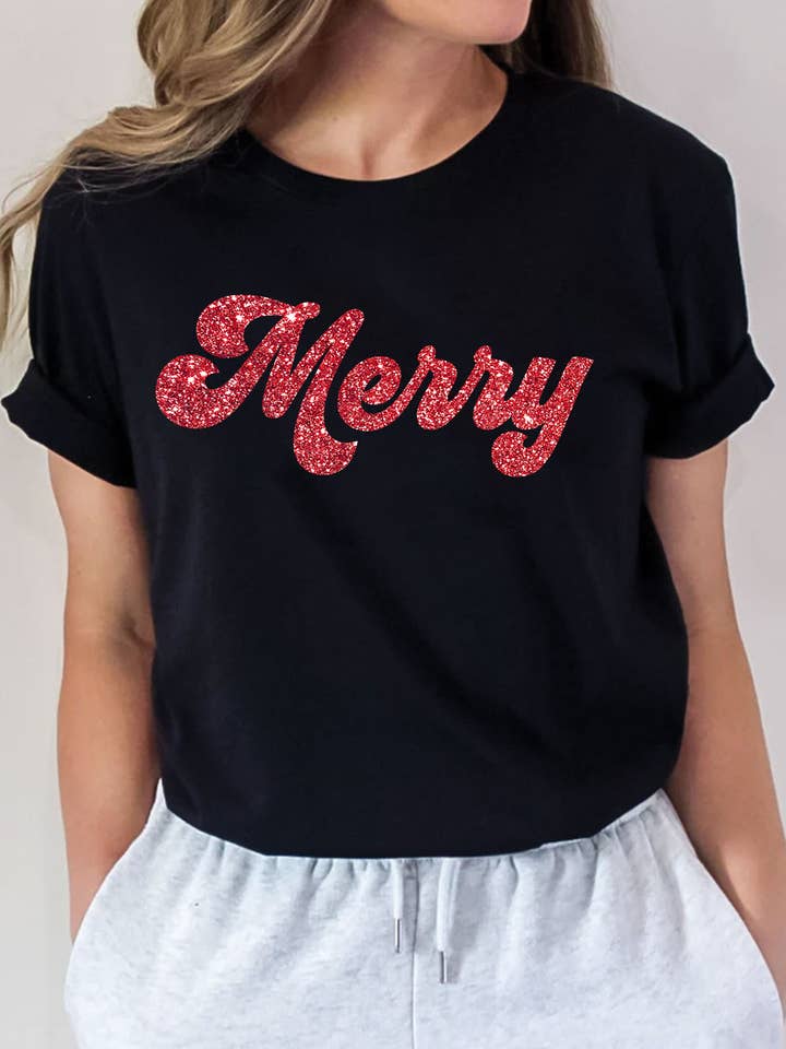 MERRY GLITTER PRINT GRAPHIC TSHIRTS for wholesale by Rustee Clothing