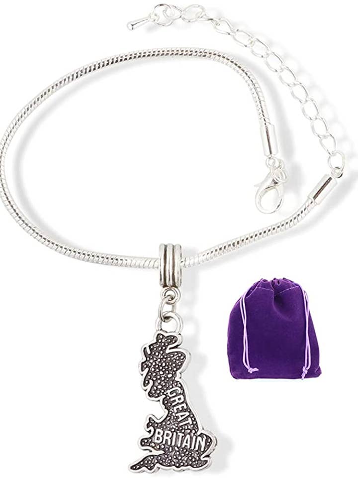 Great Britain England Country Map Snake Chain Charm Bracelet for wholesale by Dave The Bunny