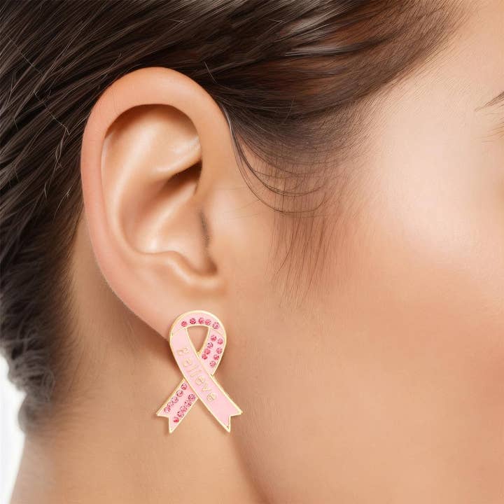 Studs Gold Light Pink Ribbon Believe Earrings for wholesale by PinktownUSA