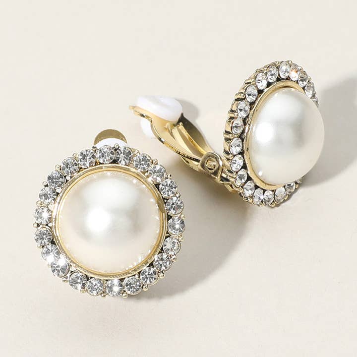 Stone Around Pearl Clip On Earrings for wholesale by Sensibling Corp.