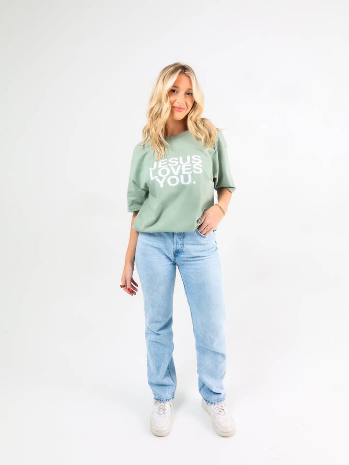 "The Earthtone Tees" - Linen/Spruce for wholesale by Jesus Loves You Company