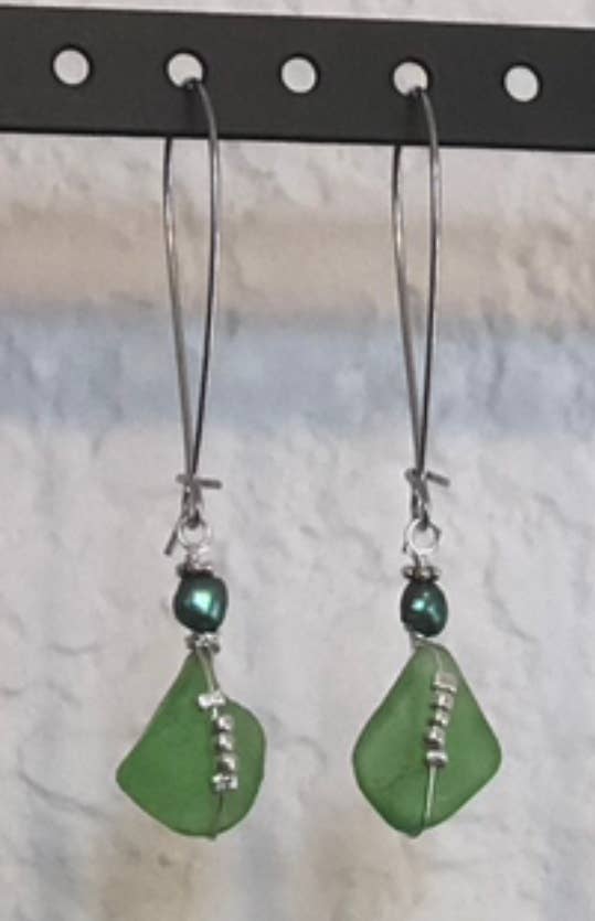 Essence of Fire & Sea - Wholesale Dangle Earrings - Beach Glass / Sea Glass Wire Wrapped with Pearl Earrings6