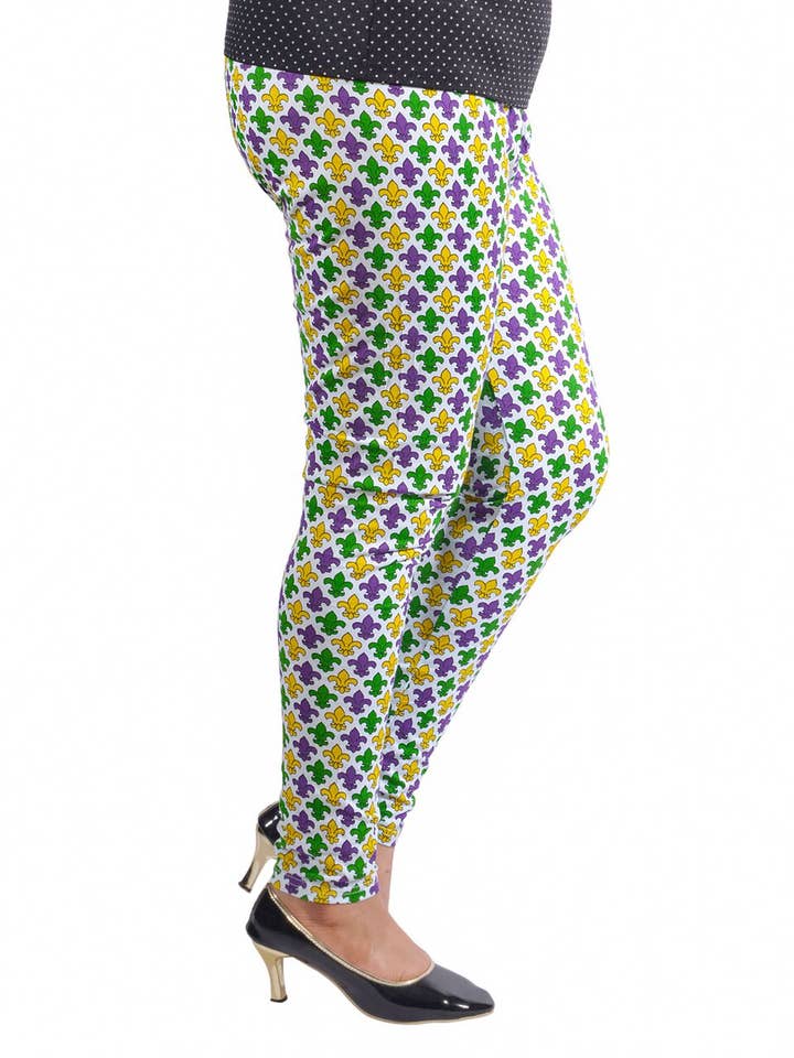 Calzam/leggings con stampa Fleur De Lis su tutta la superficie in oro viola verde per la vendita all'ingrosso da parte di Mardi Gras Creations