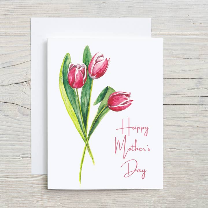 Mother's Day hand watercolor floral card, tulips for mom for wholesale by Liz Pope Designs