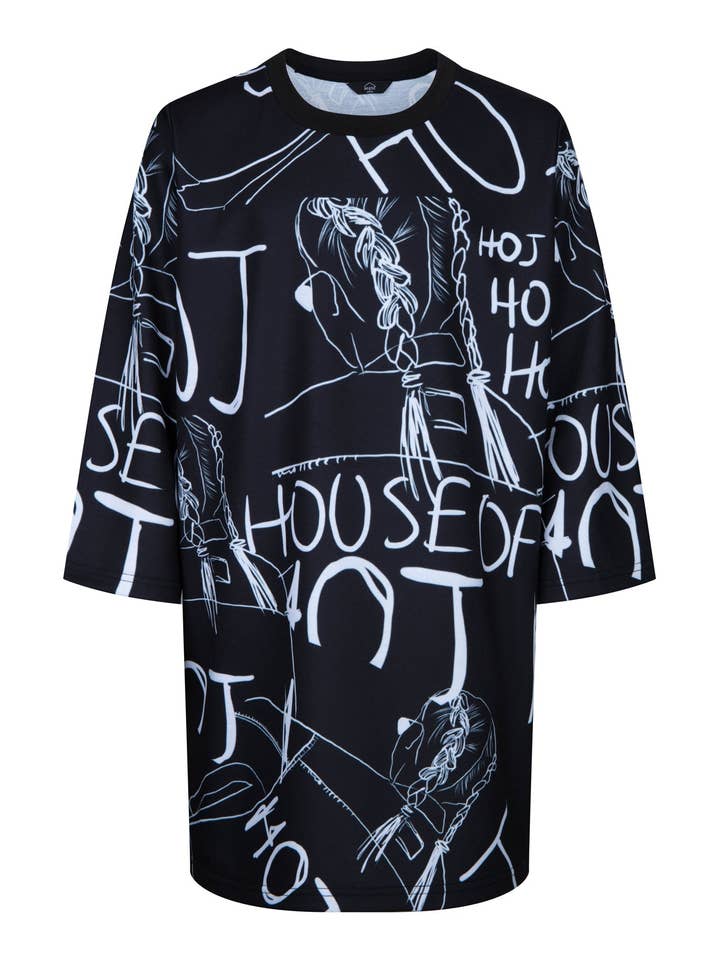 HOJ AW22 ILLUSTRATED MONO GRAFFITI T-SHIRT DRESS for wholesale by House of Juniors