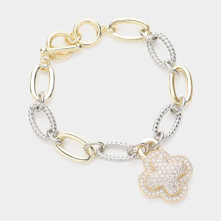 Sensibling Corp. - Wholesale Charm/dangle bracelet - 14K Gold Plated CZ Stone Paved Quatrefoil Charm Bracelet
