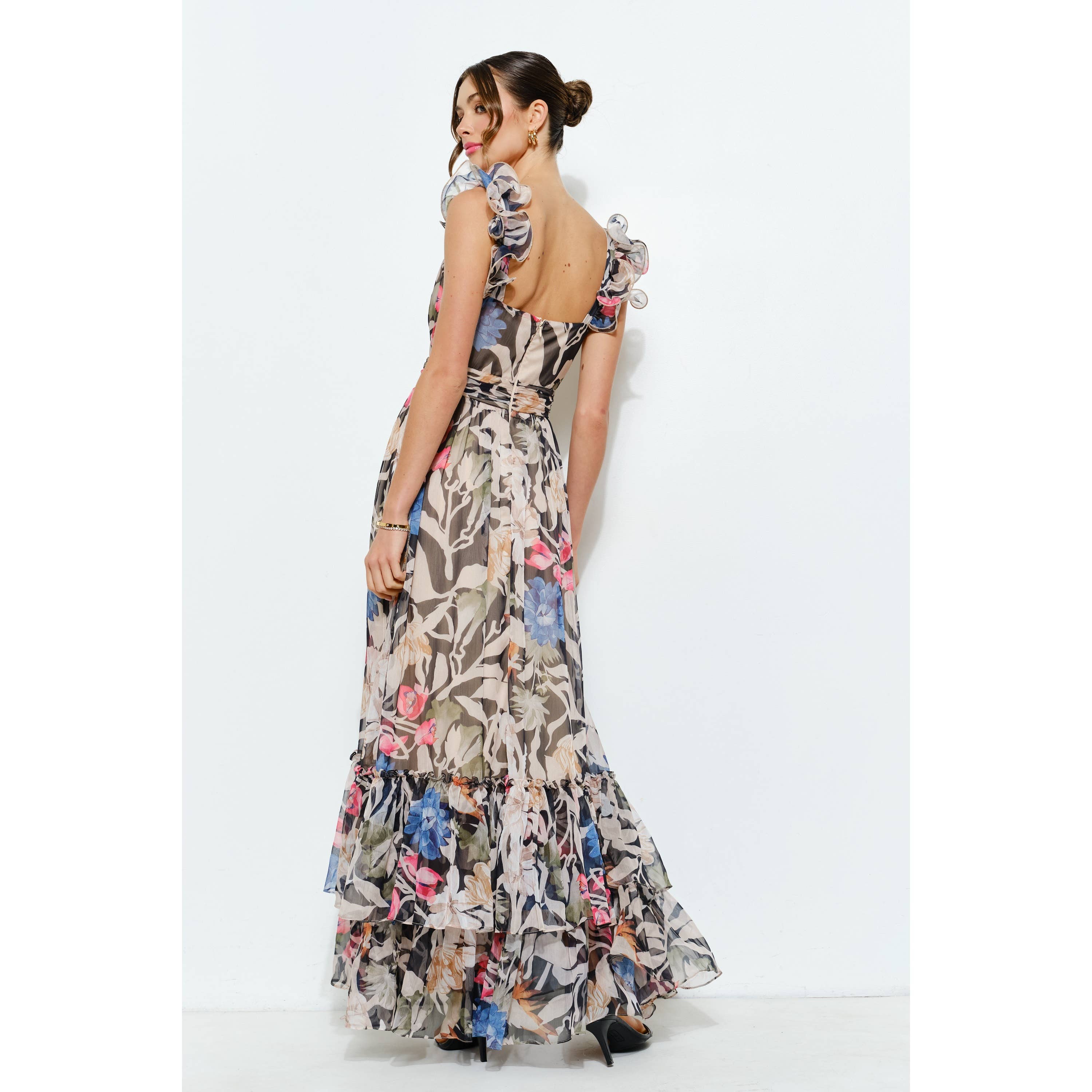 INA - Vendita all'ingrosso Vestito - Donna - Abito lungo a balze in chiffon floreale con spalle arricciate14