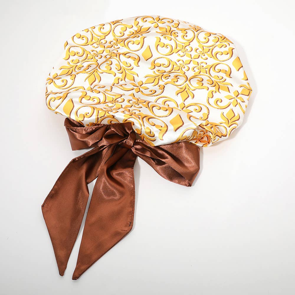 Sensibling Corp. – wholesale Sleep cap / bonnet – women's – Yellow Crest Print Adjustable Hair Bonnet1