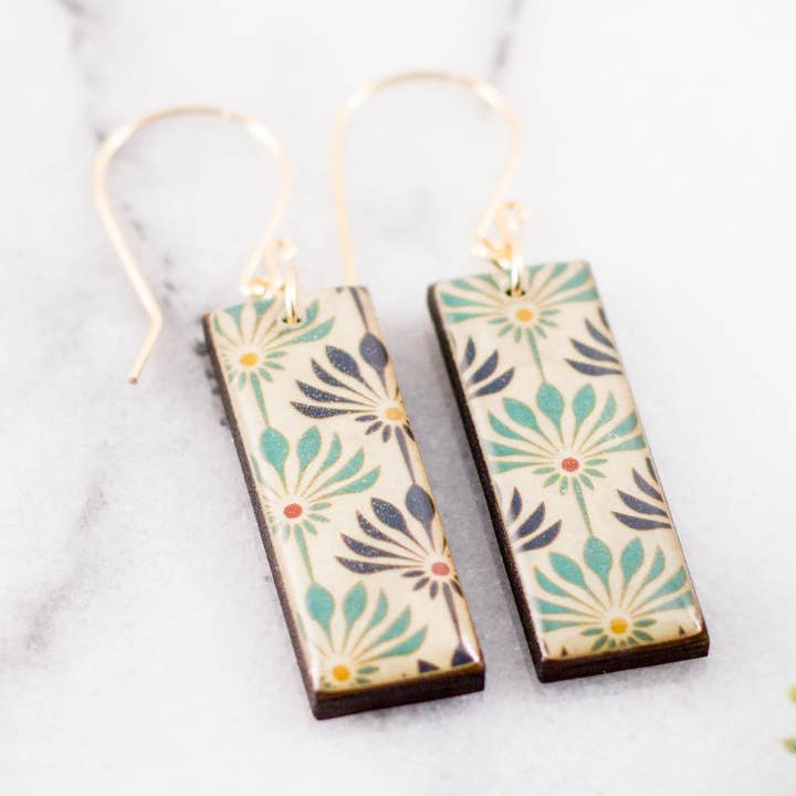 Blue + Turquoise Italian Floral Rectangle Earrings for wholesale by No Man's Land