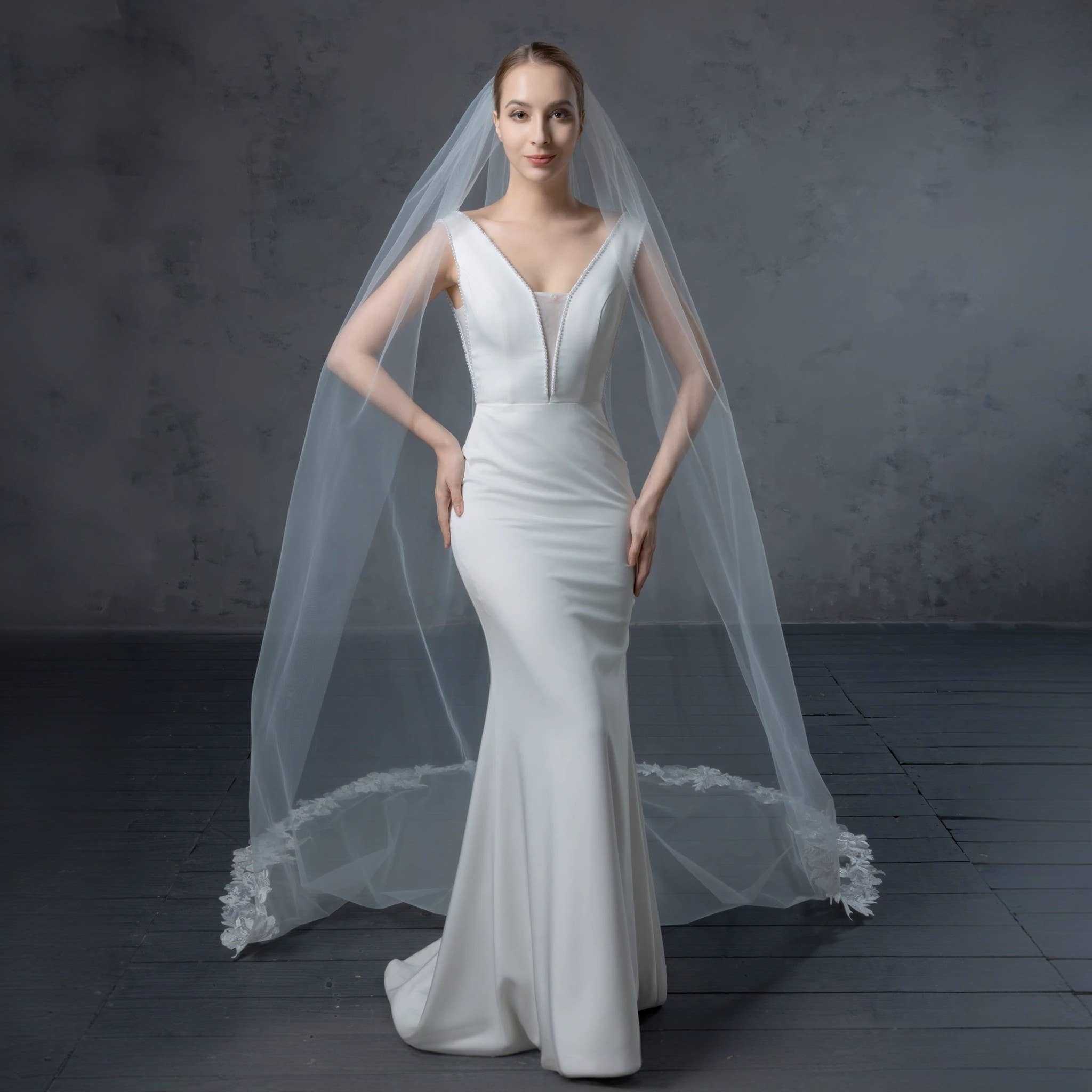 Farinosa Bridal - Venta al por mayor Velo - Mujer - Velo nupcial de encaje bordado con flores FS6231 en 96,5 cm, 127 cm, 274 cm y 305 cm2