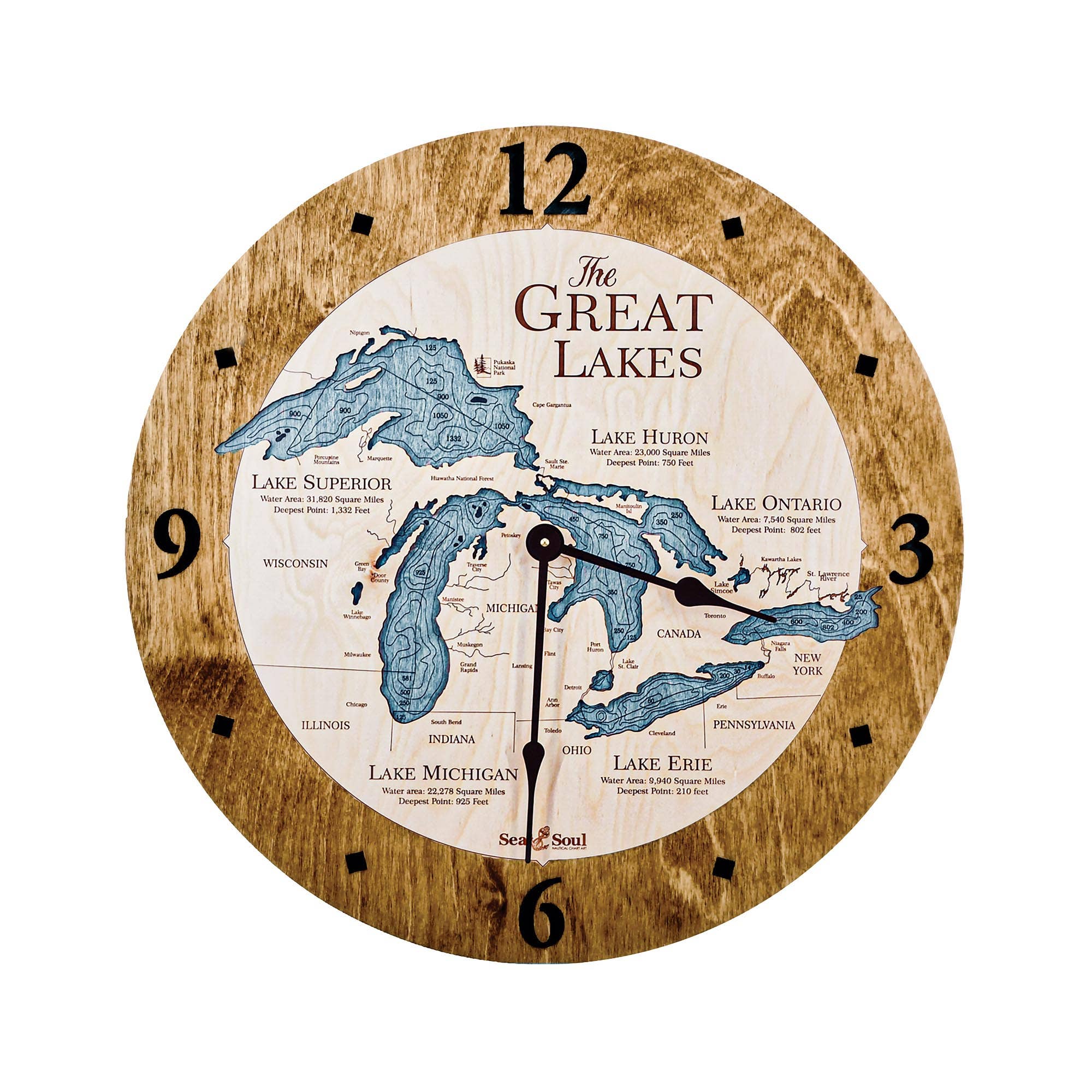Sea & Soul Nautical Chart Art - Wholesale Muurklok - Great Lakes 3D Nautische kaart houten wandklok - 2 niveaus2