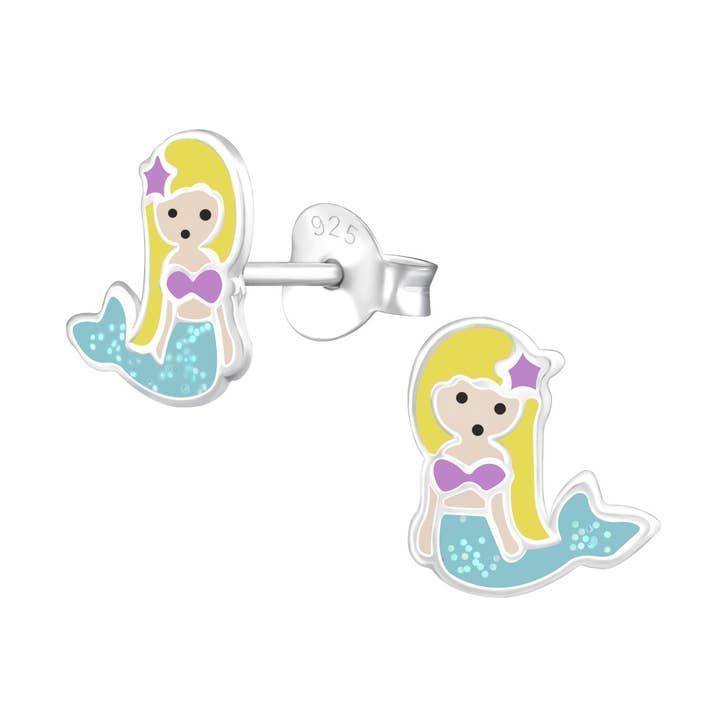 Kinder-Ohrstecker Meerjungfrau 10 mm Blau, Gelb mit Glitzer Sterling Silber 925 für den Großhandel von LIV & LENN