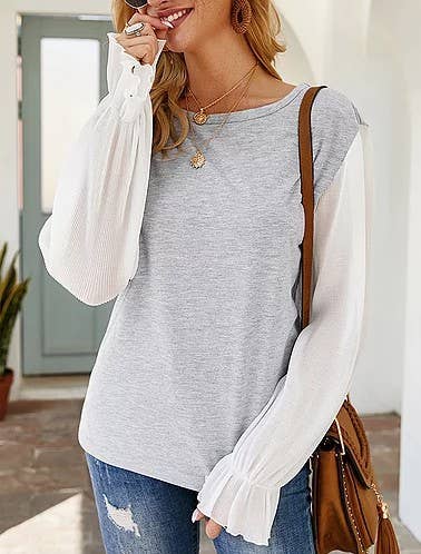 Grey Women Raglan Style Pleated Chiffon Sleeves Loose fit Shirt for wholesale on Faire1