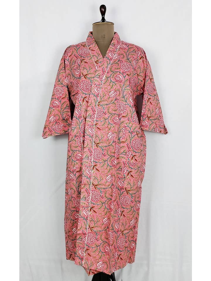 Rosa Vestaglia da casa indiana stampata a mano in puro cotone, kimono estivo | Pi in vendita all'ingrosso su Faire