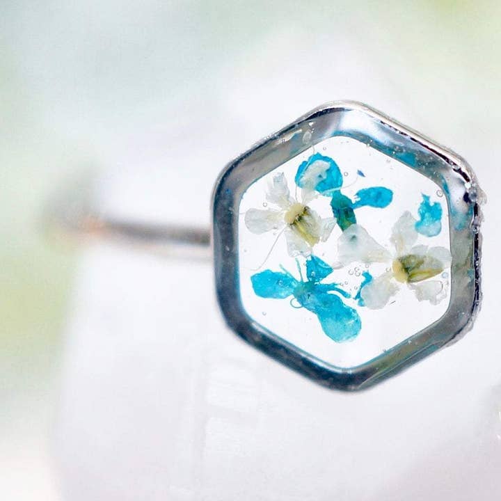 Real Pressed Flower and Resin Ring, Silver Hexagon in Teal and White for wholesale by Ann + Joy