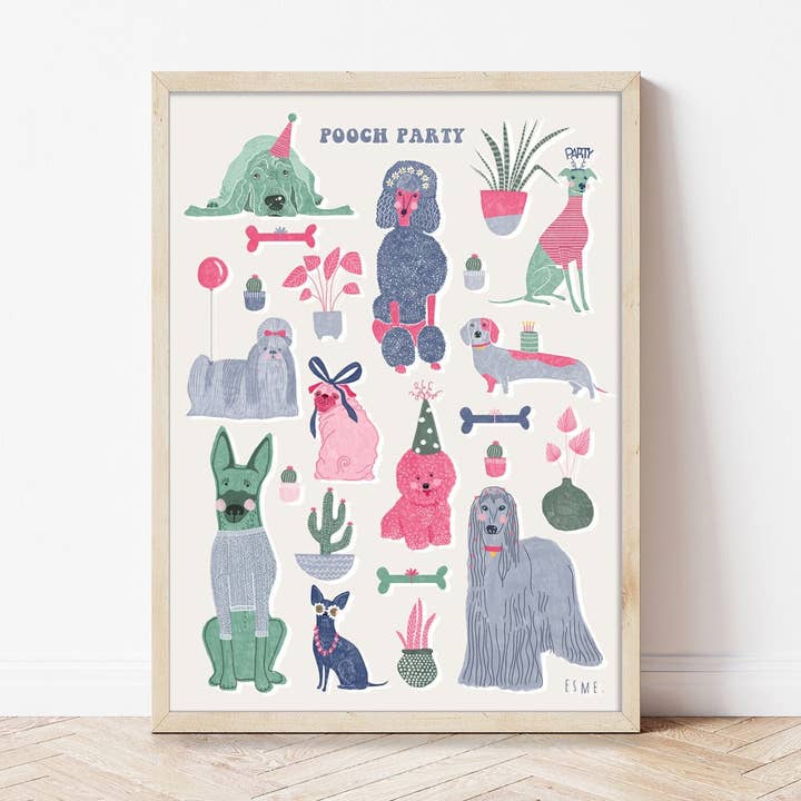 Funny Dog Party House Plant Illustration Print for wholesale by Esme L Designs