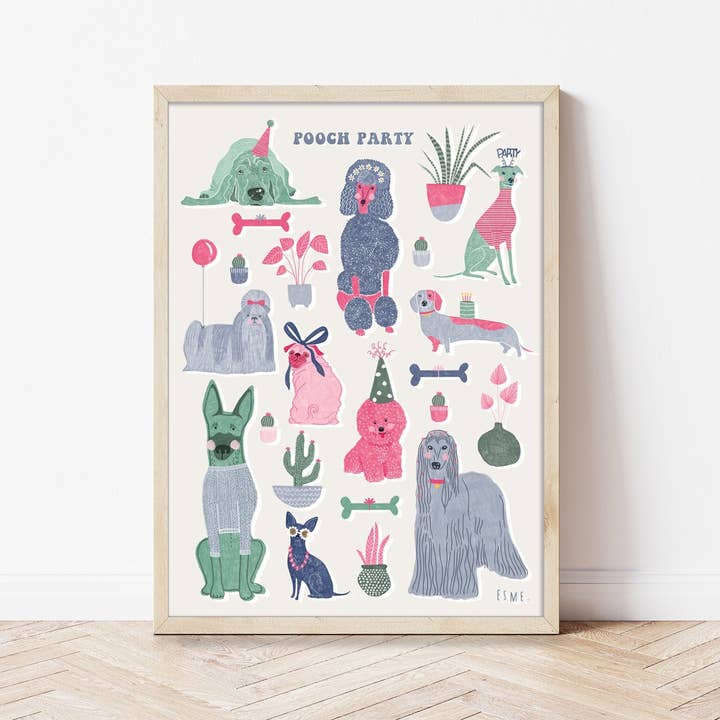 Funny Dog Party House Plant Illustration Print for wholesale by Esme L Designs